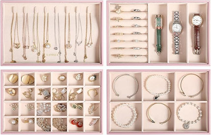 LANDICI Stackable Jewelry Organizer Trays 4 Set,PU Leather Jewelry Organizer Drawer,Jewelry Storage Display Tray for Earring Necklace Rings Bracelet with Removable Dividers,Rose Gold