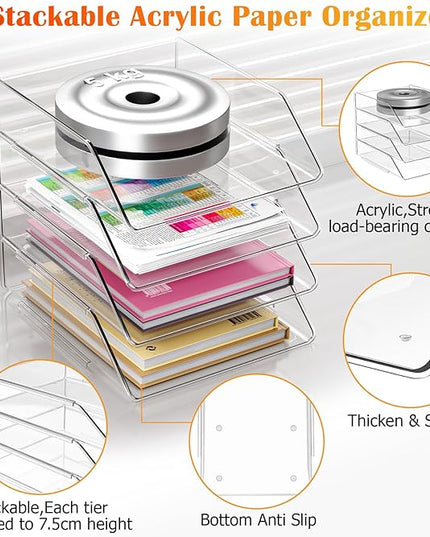 YKLSLH Simple 4 Tier Paper Organizer Letter Tray - Acrylic Stackable Desk File Organizer, Clear Paper Sorter Office Organizer for Letter/A4, Office File Ipad Books Notes Etc