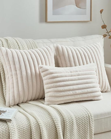 FUTEI Light Beige Throw Pillow Covers Set of 2, 12x20 Inch Striped Texture Lumbar Pillow Cases with Soft Faux Rabbit Fur Front & Velvet Back, Modern Decorative Couch Pillows for Living Room