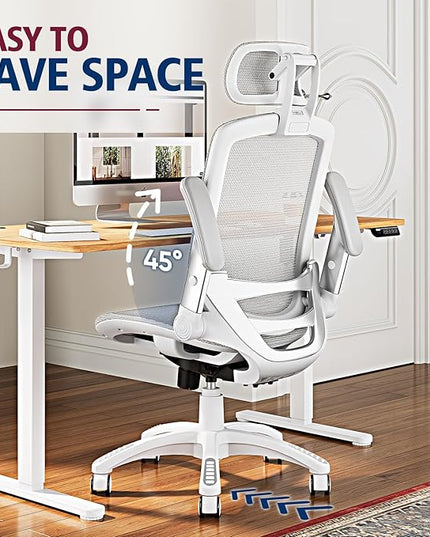 GABRYLLY Ergonomic Office Chair, High Back Home Desk Chair with Headrest, Flip-Up Arms, 90-120° Tilt Lock and Wide Cushion, 400LBS Mesh Chairs for Man Woman, White Task Chair(Grey,GY01WG)
