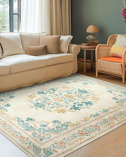 jinchan Floral 5x7 Area Rugs for Nursery - Machine Washable Vintage Distressed Design Soft Ultra-Thin Low-Pile Non-Slip Kids Carpet for Bedroom Living Room Dining Room Home Office (5x7ft, Apricot)