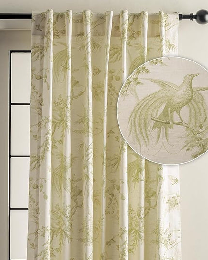 Maison d' Hermine Curtains for Living Room 100% Cotton 96 inch Length One Panel Light Filtering Toile Curtains for Bedroom Windows with Rod and Loop Pockets Drapes (Paradise Sage, 50" W x 96" L)