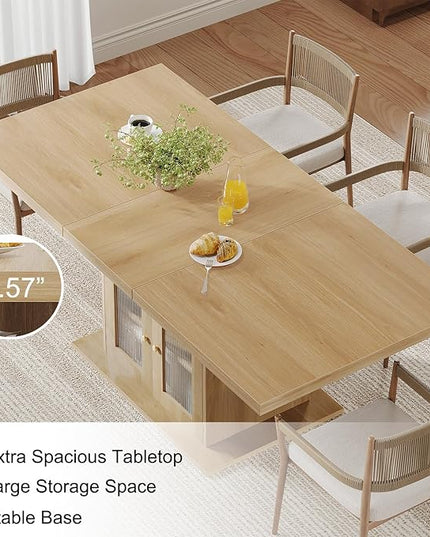 HSH Dining Table for 4–6, 63 Inch Wood Farmhouse Kitchen Table with 3-Tier Storage Shelf and Acrylic Door Cabinet, Rectangular Modern Dining Room Dinner Table for Apartment Home Small Space, Light Oak