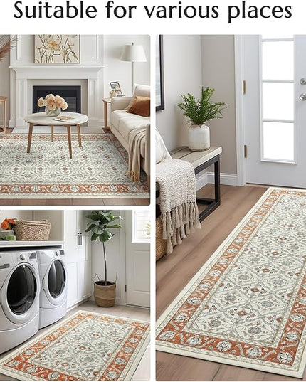 jinchan Area Rug 8x10 Living Room Rug - Washable Boho Vintage Floral Low Pile Thin Throw Non-Slip Non-Shedding Carpet for Bedroom, Dining Room, Office, Kitchen, Cream Orange Multi