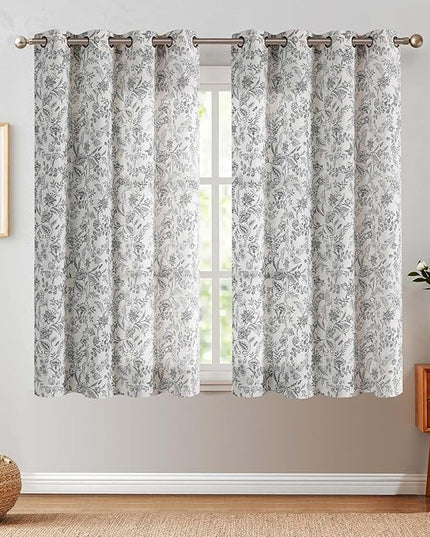 Lazzzy Floral Linen Farmhouse Curtains 63 Inch Length Drapes for Living Room Bedroom Pattern Light Filtering Country Vintage Curtain Grommet Top, 2 Panels, Black on Beige