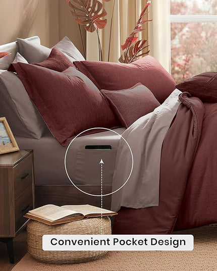 Monbix Queen Comforter Set - 7 Pieces Cationic Dyeing Dark Red Bed in a Bag Queen Bedding Sets with Comforter, Sheets, Pillowcases & Shams, Reversible Bedding Comforters Sets
