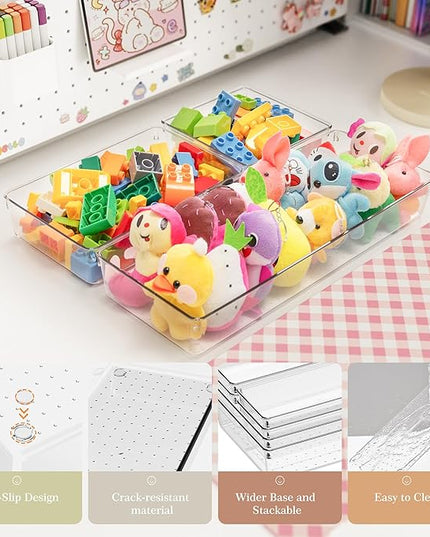 Criusia Drawer Organizer, 5-Size Versatile Bathroom and Vanity Organizer Trays, 20 Pack Clear Plastic Kitchen Drawer Organizers Set, Storage Bins for Makeup, Bathroom, Jewelries and Office