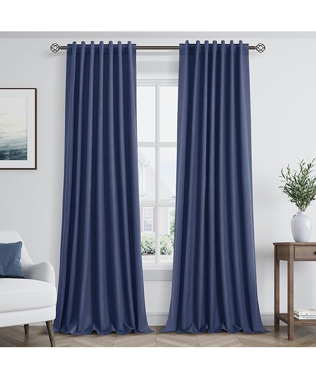 Guken Blackout Curtains 90 Inch Length 2 Panels Set for Living Room Bedroom Back Tab Thermal Insulated 100% Black Out Linen Drapes Room Darkening Window Curtains 90 Inches Long,Classic Blue