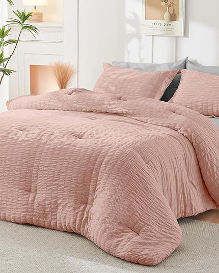 HYMOKEGE Rose Gold/Light Grey California King Comforter Set Seersucker 7 Pieces, All Season Luxury Bed in a Bag for Bedroom, Bedding Set with Comforter, Sheets, Pillowcases & Shams
