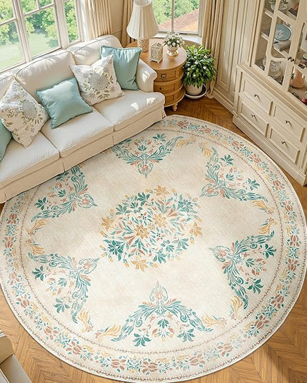 jinchan Round Rug 8ft Area Rug Vintage Floral Distressed Design Machine Washable Soft Non-Slip Low-Pile Ultra-Thin Circle Rug for Living Room Dining Room Bedroom Home Office (8' Round, Apricot Multi)