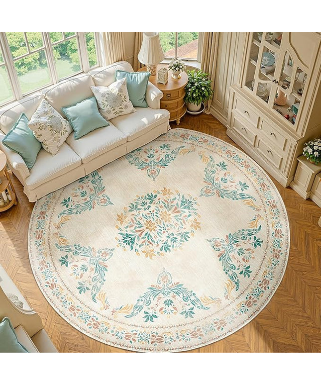 jinchan Round Rug 8ft Area Rug Vintage Floral Distressed Design Machine Washable Soft Non-Slip Low-Pile Ultra-Thin Circle Rug for Living Room Dining Room Bedroom Home Office (8' Round, Apricot Multi)