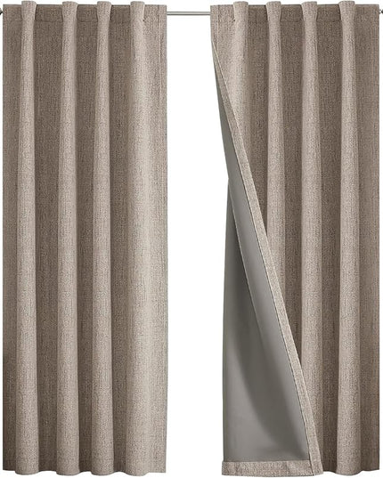 Joydeco 100% Blackout Curtains for Bedroom - Natural Linen Curtains 42" Wx 63" L Long, Thermal Insulated 2 Panels Linen Light Blocking Drapes, Rod Pocket & Back Tabs for Living Room