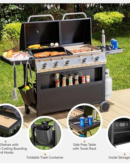 Sophia & William Propane Gas Grill and Griddle Combo with Porcelain-Enameled Cast Iron Grates, Dual Outdoor BBQ Grill with Flat Top Griddle for Barbecue, 696 SQ.IN. Cooking Area