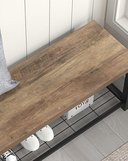 FOLUBAN Entryway Bench, Industrial Wood and Metal Storage Bench with Metal Shelf, Indoor Shoe Rack Bench Seat for Living Room, Bedroom, Hallway, Entrance, Rustic Oak, 47 Inch