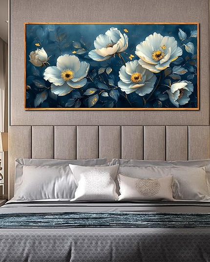 Ouzzlie Large Flower Wall Decor Blue Wall Art for Living Room Office Gold Butterfly Picture Artwork Canvas 29" x 59"
