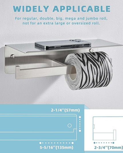 Suyar Double Toilet Paper Holder with Shelf, SUS 304 Stainless Steel Toilet Tissue Roll Holder, Brushed Nickel