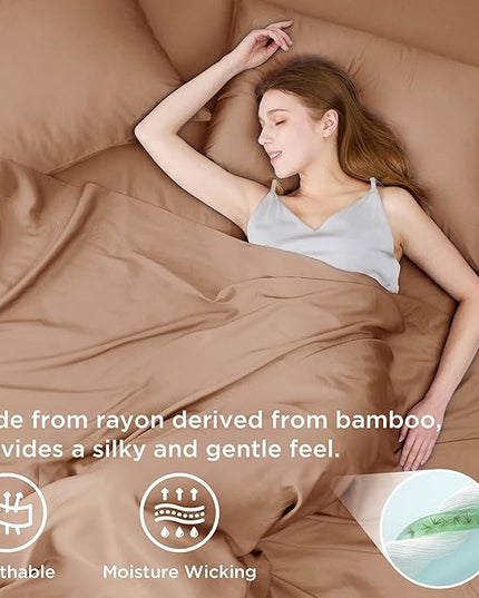 Bedsure King Size Sheets Set, Cooling Sheets for Hot Sleepers, Rayon Derived from Bamboo, Breathable & Soft, Deep Pocket Up to 16 Inches, Hotel Luxury Silky Bedding, Khaki