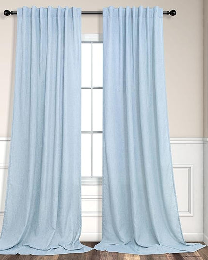 Pitalk Light Blue Curtains 84 Inch Length for Living Room Dining 2 Panel Back Tab Pocket Pleated Semi-Sheer Linen Coastal Drapes Pale Blue Curtain for Nursery Boy Bedroom Baby Pastel Blue 52x84 Long