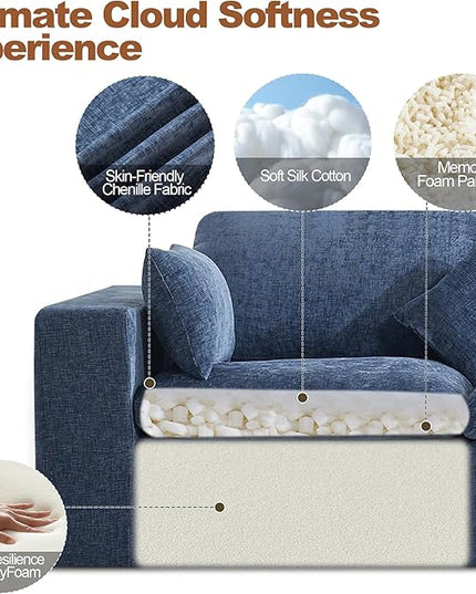 115''Cloud Boneless Sectional Couch, Modular Sectional Sofa Deep Seat, Oversized Upholstered Convertible Comfy 3 Seater Chenille Memory Foam Sofa Couches for Living Room, Blue