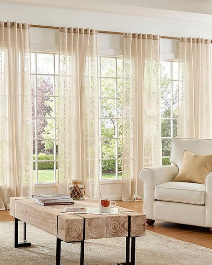 jinchan Winslow Sheer Curtains 63 Inch Length for Dorm Bedroom Bordered Floral Pattern Decorations Short Curtains Light Filtering Window Treatments, 50W x 63L, Ivory on Beige, 2 Panels