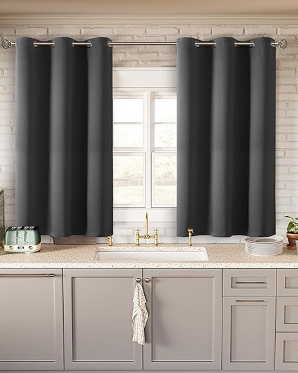BGment Dark Grey Short Blackout Curtains for Small Windows, 38 x 45 Inch Thermal Insulated Tier Set of 2 Panels Sun Blocking Drapes for Kitchen Bedroom