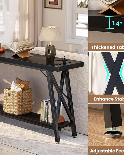 Homieasy 70.9 Inch Extra Long Console Table, Industrial Sofa Table Behind Couch with Charging Station & Storage Shelf, Entryway Table for Living Room & Entryway, Black
