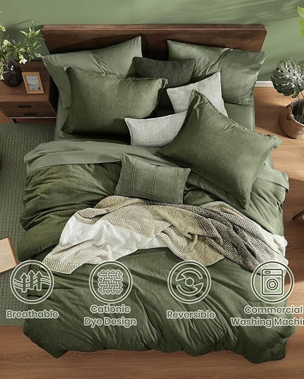 Monbix California King Comforter Set - 7 Pieces Cationic Dyeing Olive Green Bed in a Bag Cal King Bedding Sets with Comforter, Sheets, Pillowcases & Shams, Reversible Bedding Comforters Sets(108 * 92)