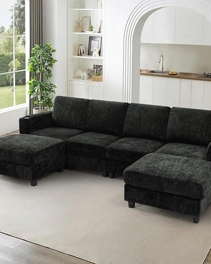 110" Chenille U-Shape Sofa with Flexible Ottomans, Comfy Sectional Sofa with 2 Built-in Cup Holders, Convertible 4 Seats Couch with Well-Filled Back Cushions for Living Room, House, Black