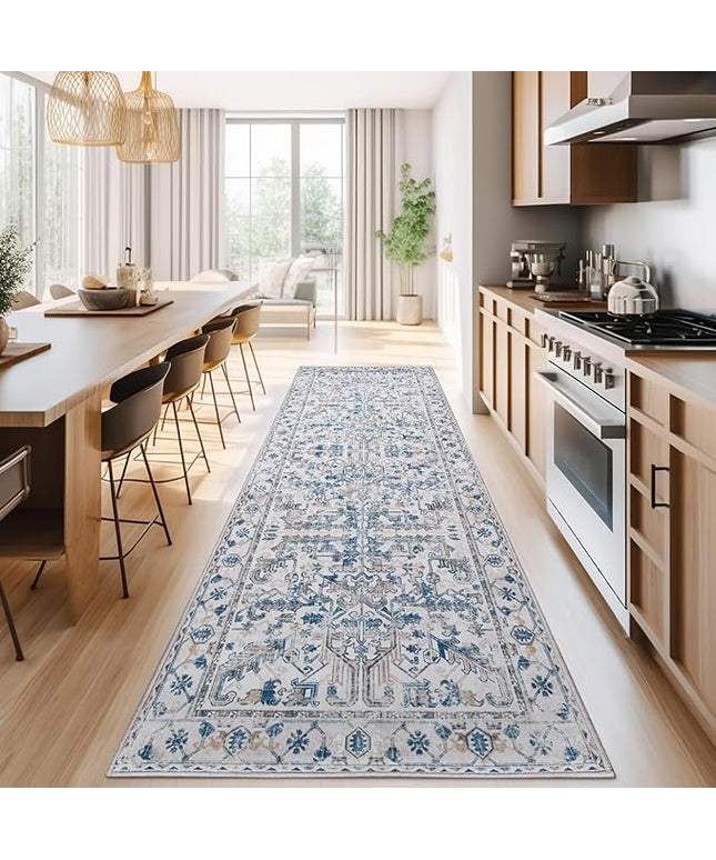 jinchan Lima Kitchen Runner Rug 3x7 - Vintage Floral Machine Washable Non-Slip Hallway Runner Rug with Rubber Backing Ultra-Thin Carpet for Bedroom Laundry Room Farmhouse (3x7ft, Blue)