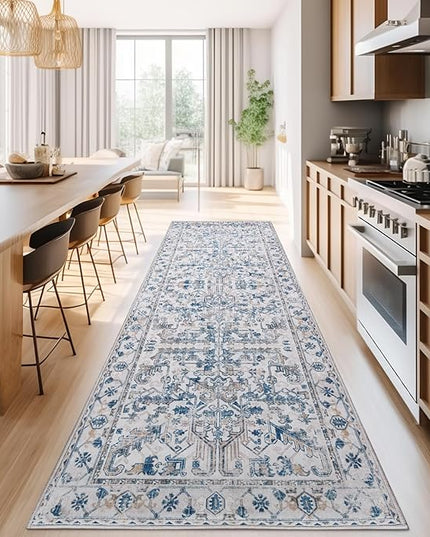 jinchan Lima Kitchen Runner Rug 3x10 - Vintage Floral Machine Washable Non-Slip Hallway Runner Rug with Rubber Backing Ultra-Thin Carpet for Bedroom Laundry Room Farmhouse (3x10ft, Blue)