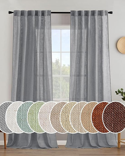 MIULEE Grey Linen Curtains 108 Inches Long for Bedroom Living Room, Soft Thick Linen Textured Window Drapes Gray Semi Sheer Light Filtering Rod Pocket Back Tab Burlap Look Farmhouse Decor, 2 Panels