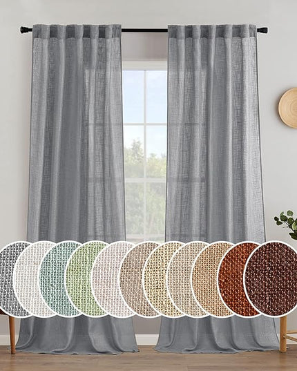 MIULEE Grey Linen Curtains 90 Inch Long for Bedroom Living Room, Soft Thick Linen Textured Window Drapes Gray Semi Sheer Light Filtering Back Tab Rod Pocket Burlap Look Decor, 2 Panels