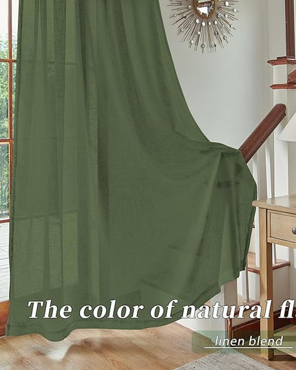 Sage Green Sheer Linen Curtains 96 Inch Long for Living Room 2 Panels Back Tab Pocket Soft Light Weight Airy Semi Privacy Linen Sheer Curtains for Bedroom Dining Cottage Urban Decor 8 FT 52x96
