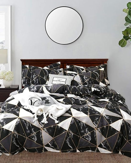 CLOTHKNOW Black White Marble King Size Comforter Set 3Pcs Triangle Plaid Bedding Comforter Set All Season Geometric Comforter