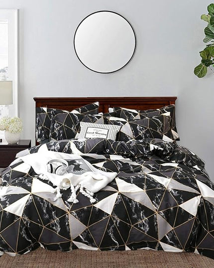 CLOTHKNOW Black White Marble Queen Comforter Set Geometric Bedding Comforter Sets Soft Triangle Geometric Comforter with 2 x Pillow Cases
