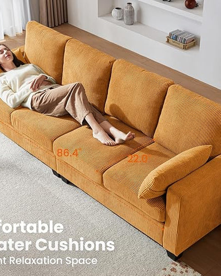 CHIC HOUSE Corduroy Modular Sectional Couch with Ottoman Chaise, L/U Shaped Sleeper Sofa for Living Room, Apartment, Lounge, Modern Armrest Neck Support Furniture (5 Seater Sectional, Mustard Yellow)
