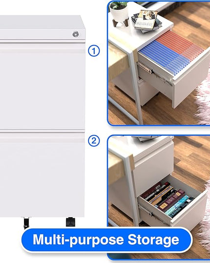 METAN 2 Drawer File Cabinet with Lock, Mobile Under Desk Filing Cabinet for Office Legal/Letter Size, Fully Assembled Except Wheels,White
