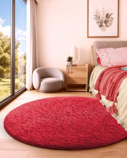 Ophanie Round Rug 4Ft Red Circle Area Rug, Christmas Room Decor, Aesthetic Nursery Bedroom Carpet, Fluffy Fuzzy Plush Soft Shaggy Living Room Rugs for Kids Boys Girls Home, Classroom