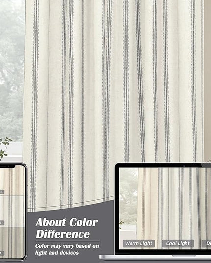DriftAway Farmhouse Linen Blend Blackout Curtains 84 Inches Long for Bedroom Vertical Striped Printed Linen Curtains Thermal Insulated Lined Treatments for Living Room 2 Panels W52 x L84 Linen Grey