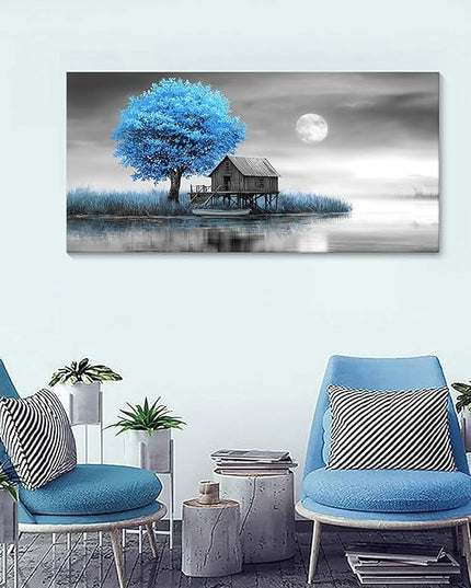 JEAWA Landscape Canvas Wall Art Decor - Blue Gray Wall Art for Bedroom Living Room Home Office, Winter Wall Art Canvas Paintings, Moon Pictures Wall Decor, Tree Art Wall Decor, 24x48 IN