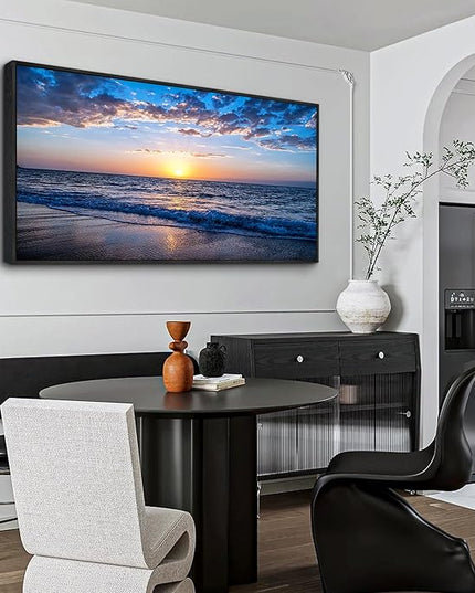 Blue Ocean Framed Wall Decor Living Room Large Size Canvas Wall Art For Bedroom Boho Home Decor Sea Beach Canvas Pictures Artwork Sunny Sea View Painting Office Wall Decorations Black Framed 24" X 48"