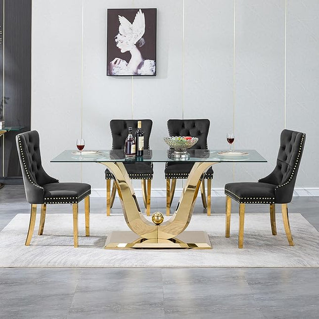 7-Piece Glass Dining Table Set w/6 Black Upholstered Dining Chairs, 70in Rectangular Large Kitchen Table Set for 6, Glass and Gold Dining Table and Chair Set for 6