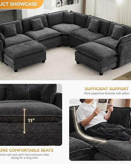 137'' V Shaped Cloud Sectional Sofa, Oversized Deep Seat Couches for Living Room, Chenille Comfy Upholstered Modular Sectional Sofa Couch with 2 Movable Ottoman, Dark Grey