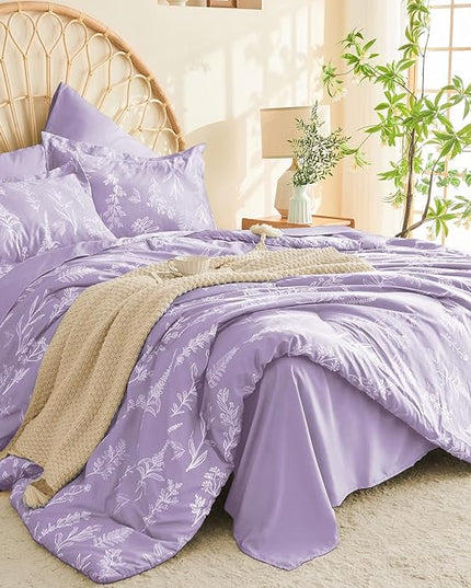 MUXHOMO Lavender Purple Bed in a Bag Queen 7 Pieces, Queen Comforter Set Reversible Botanical Flowers Design, Ultra Soft & Breathable Bedding Sets with Comforter, Sheets, Pillowcases & Shams