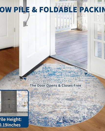 Modern Abstract 6x6 Round Area Rug Non Slip Non Shedding Rug Low Pile Stain Resistant for Bedroom Living Room Office Dining Room,Blue/Grey