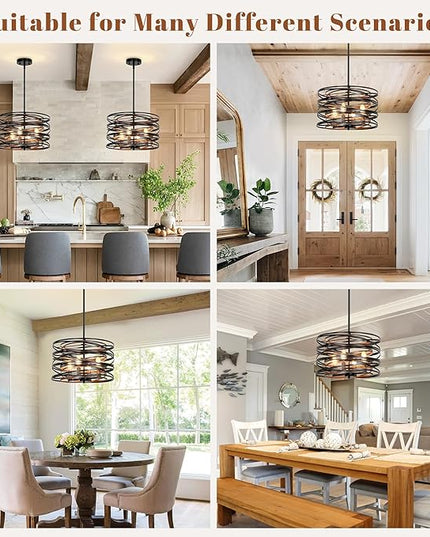 Farmhouse Chandelier,15" Drum Semi Flush Mount Chandelier Rustic Wood Grain Black Farmhouse Chandeliers for Dining Room Retro Metal Entryway Light Fixture Pendant Light for Foyer Kitchen Bedroom