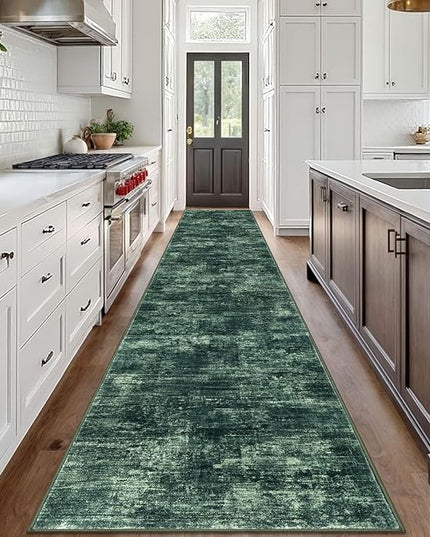 IOHOUZE Abstract Runner Rug 3x18 Ft Washable Runners for Hallways, Non Slip Kitchen Runner Printed Faux Wool Entryway Runner Indoor, Modern Abstract Floor Carpet for Hall Stair, Dark Green