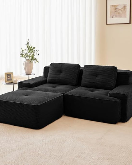 82" Convertible Modular Couches, Deep Seat L Shaped Sofas for Living Room, Modern 2 Seater Love Seat Sofa with 1 Ottoman for Small Space, Comfy Cloud Sectional Sofa Set, Corduroy Fabric Black
