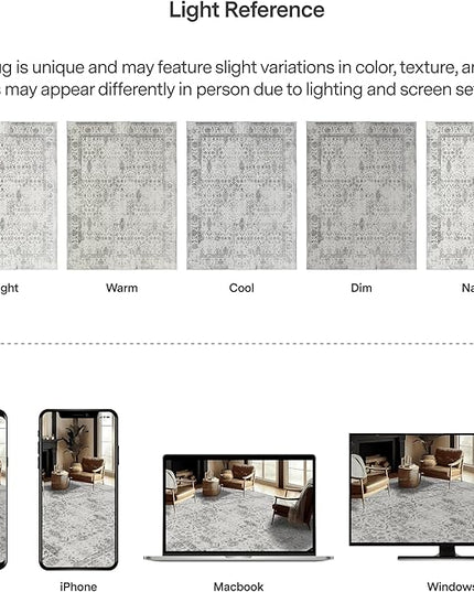 ReaLife Rugs Machine Washable Area Rug - Living Room Bedroom Bathroom Kitchen Entryway Office - Padded Low Pile Stain Resistant Premium - Boho Farmhouse Vintage - Noor - Ivory Grey 5' x 7'