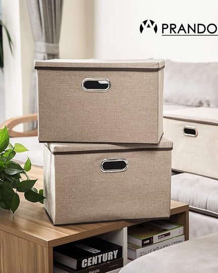 PRANDOM Large Collapsible Storage Bins with Lids [3-Pack] Jute Fabric Foldable Storage Boxes Organizer Containers Baskets Cube with Cover for Home Bedroom Closet Office Nursery (17.7x11.8x11.8)